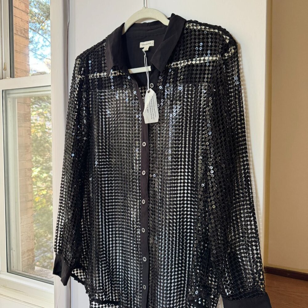NWT Anthropologie Pilcro Black Sequin Sheer Long Sleeve Top Medium